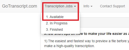 GoTranscript后台菜单：Transcription Jobs下分Available、In Progress、Finished
