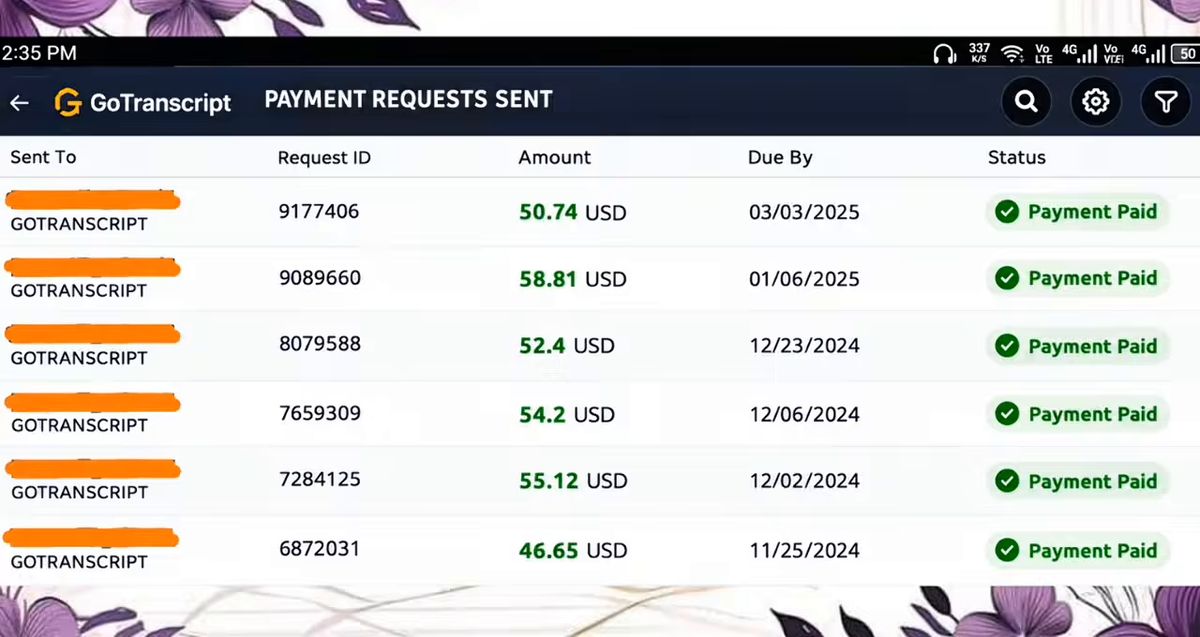 GoTranscript收款请求记录：6笔全部Payment Paid