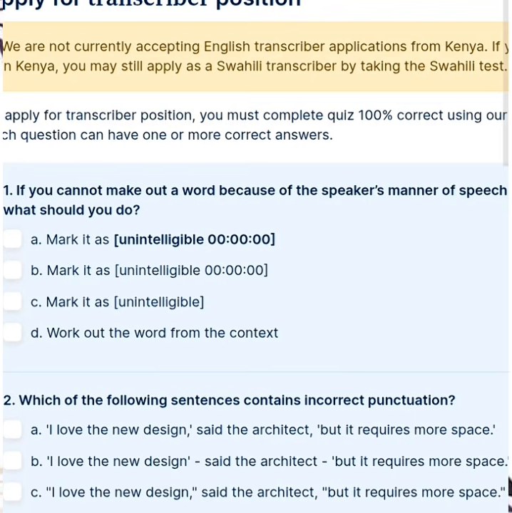 GoTranscript申请小测页：必须100%全对，每题可能有多个正确答案