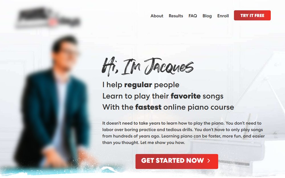 Piano In 21 Days官网首页首屏:帮普通人用最快的钢琴网课学会自己喜欢的歌