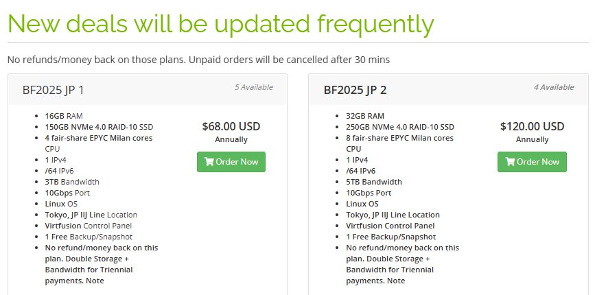 GreenCloud 2025年黑五店铺页:No refunds/money back on those plans,BF2025 JP 1 16GB每年68美元剩5台、JP 2 32GB每年120美元剩4台