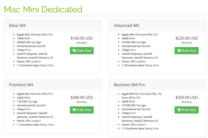 GreenCloud商店Mac Mini Dedicated分类页:Basic M4 16GB 256GB每月160美元,Advanced M4 24GB 512GB每月220美元,Premium M4 24GB 1TB每月280美元,Business M4 Pro 24GB 512GB每月350美元,地点Hanoi, VN