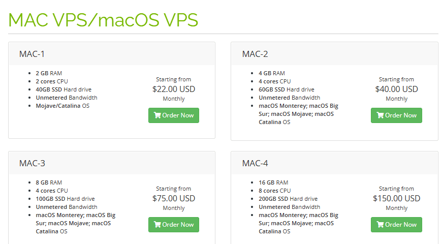 GreenCloud商店MAC VPS/macOS VPS分类页:MAC-1 2核2GB 40GB每月22美元只有Mojave/Catalina系统,MAC-2 4核4GB每月40美元,MAC-3 4核8GB每月75美元,MAC-4 8核16GB每月150美元