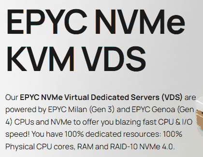 GreenCloud官网EPYC NVMe KVM VDS页面说明:EPYC Milan第3代和Genoa第4代CPU,100%独享物理CPU核、内存和RAID-10 NVMe 4.0