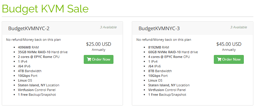 GreenCloud商店Budget KVM Sale页面:纽约史坦顿岛两档,4096MB内存35GB NVMe 2核EPYC Rome一年25美元,8192MB内存60GB 4核一年45美元,都写着No refund