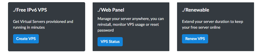 Hax.co.id官网首页三块:Free IPv6 VPS几分钟开好、Web Panel可重装和看用量、Renewable可续期