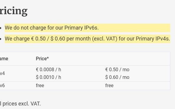 Hetzner Primary IP定价:IPv6不收费,IPv4每月0.50欧元或0.60美元,不含增值税