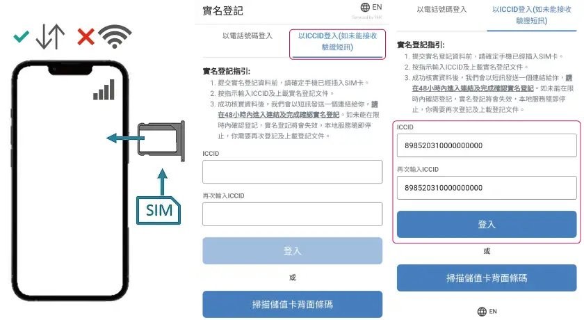 3香港实名登记页的以ICCID登入选项：输入两次ICCID或扫描储值卡背面条码，页面提示48小时内要进入连结确认