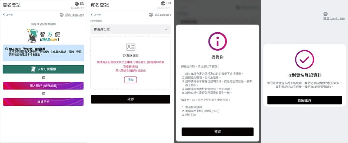 3香港实名登记教学图：选择智方便或个人用户、选证件类别并扫描正本、提示页写明香港特区护照BNO和证件副本不会被接纳、提交后显示收到实名登记资料