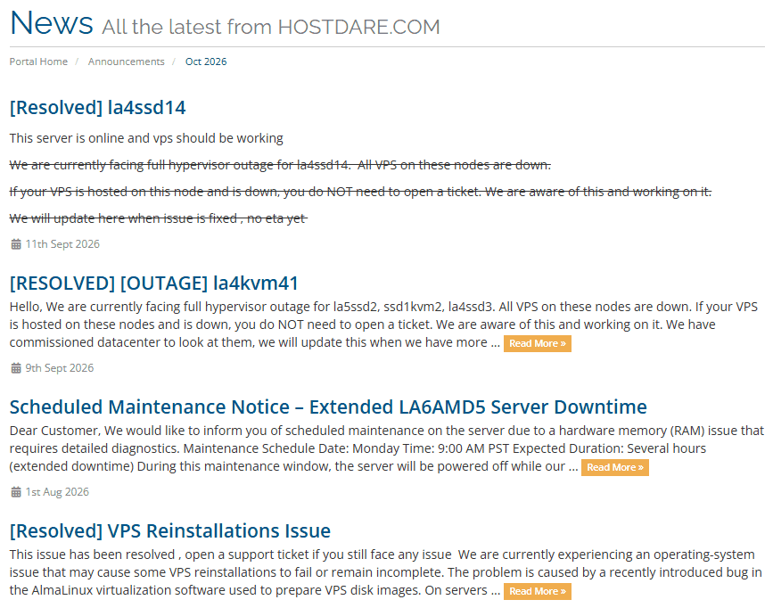 HostDare客户中心公告列表:2026年9月la4ssd14和la4kvm41整机宕机已解决、8月LA6AMD5内存故障维护、7月重装系统故障