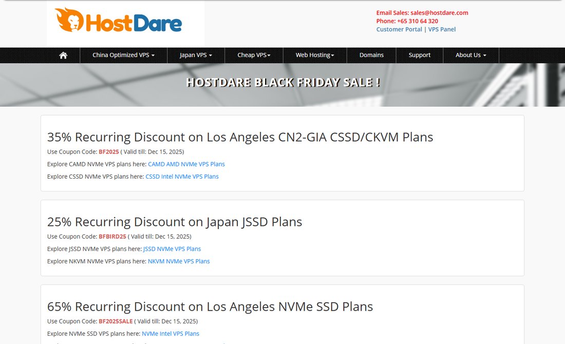 HostDare 2025年黑五页:洛杉矶CN2-GIA CSSD/CKVM 35%循环折扣、日本JSSD 25%、洛杉矶NVMe 65%,都写Valid till Dec 15, 2025