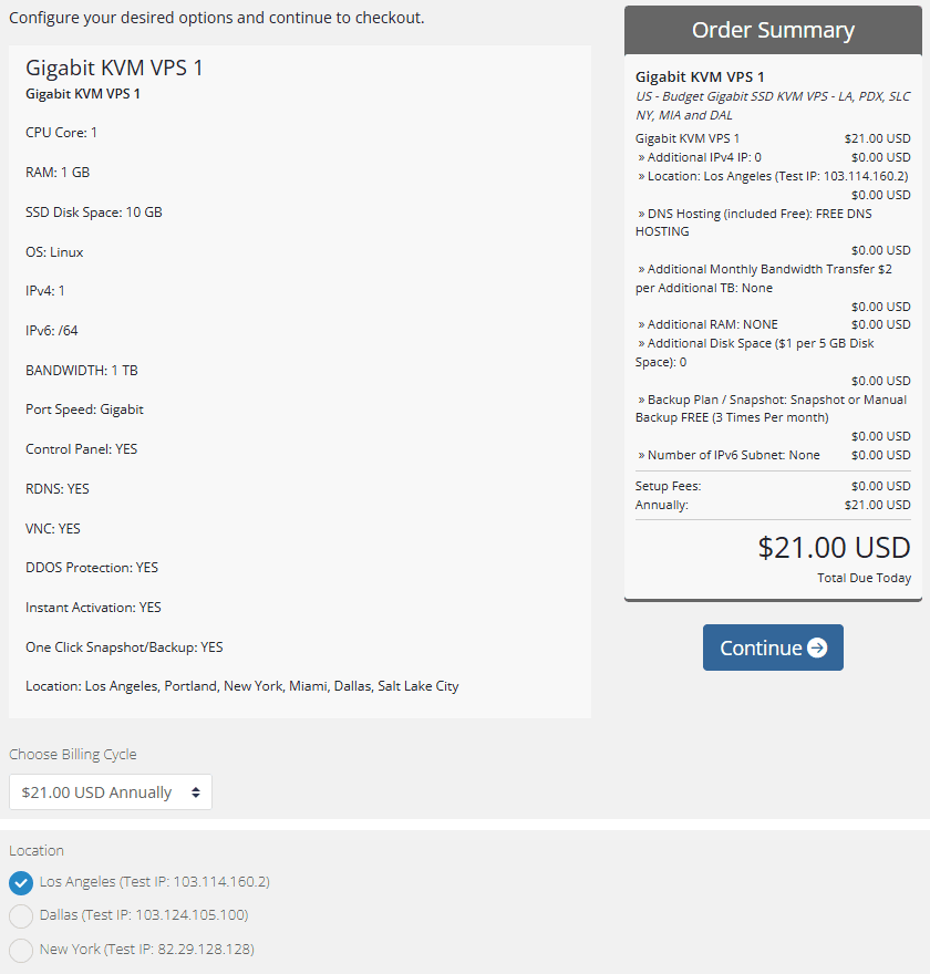 Hosteons Gigabit KVM VPS 1下单页：1核1GB 10GB SSD 1TB流量，年付21美元，机房洛杉矶、达拉斯、纽约各带测试IP