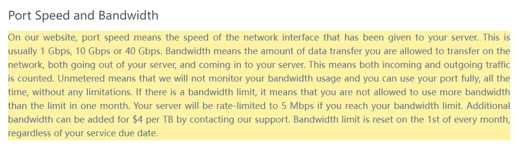 HostHatch服务条款流量条款原文:进出都计流量,超额限速5Mbps,加流量每TB 4美元,每月1号清零