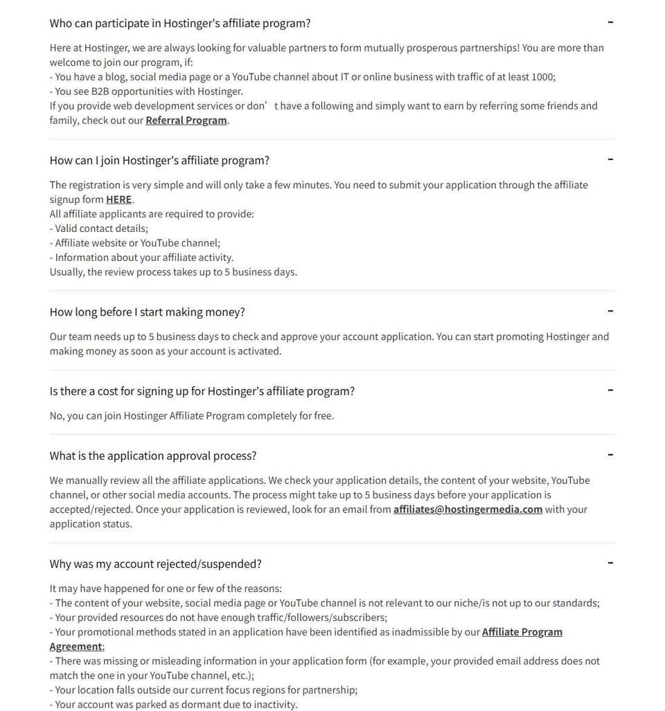 Hostinger联盟FAQ:谁能参加(IT或在线商业主题的博客、社媒、YouTube频道,访问量至少1000)、怎么加入、人工审核最长5个工作日、被拒原因里有Your location falls outside our current focus regions for partnership