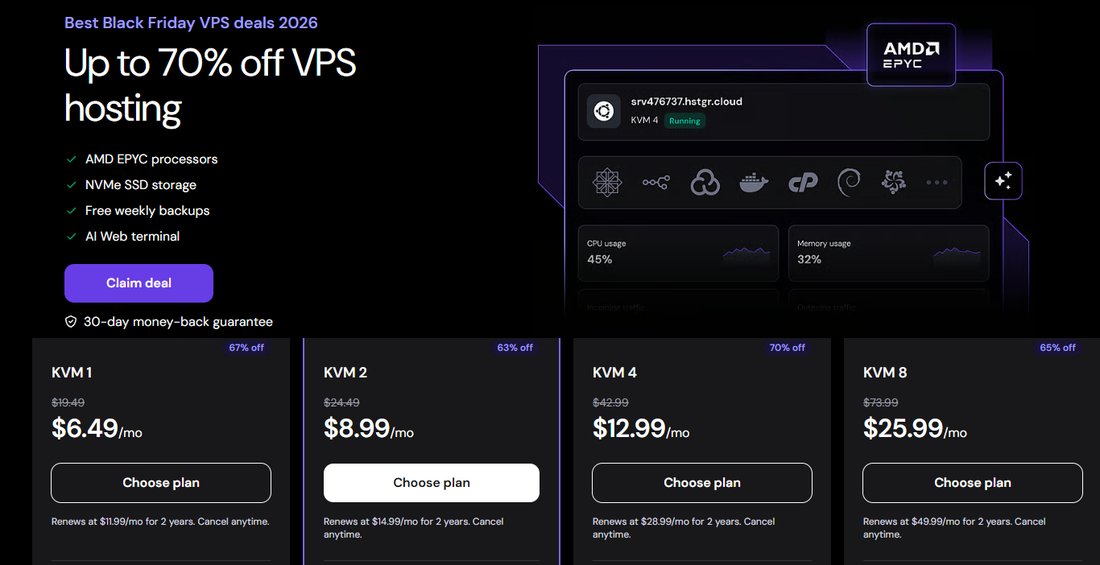 Hostinger黑五VPS页:Best Black Friday VPS deals 2026,KVM 1每月6.49美元划线19.49美元、续费11.99美元