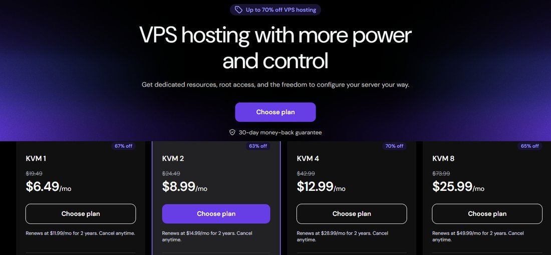 Hostinger平时VPS页:KVM 1每月6.49美元划线19.49美元、续费11.99美元,跟黑五页一样
