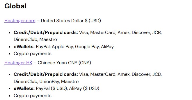 Hostinger付款方式帮助文档:全球站电子钱包有AliPay,香港站写AliPay按美元扣