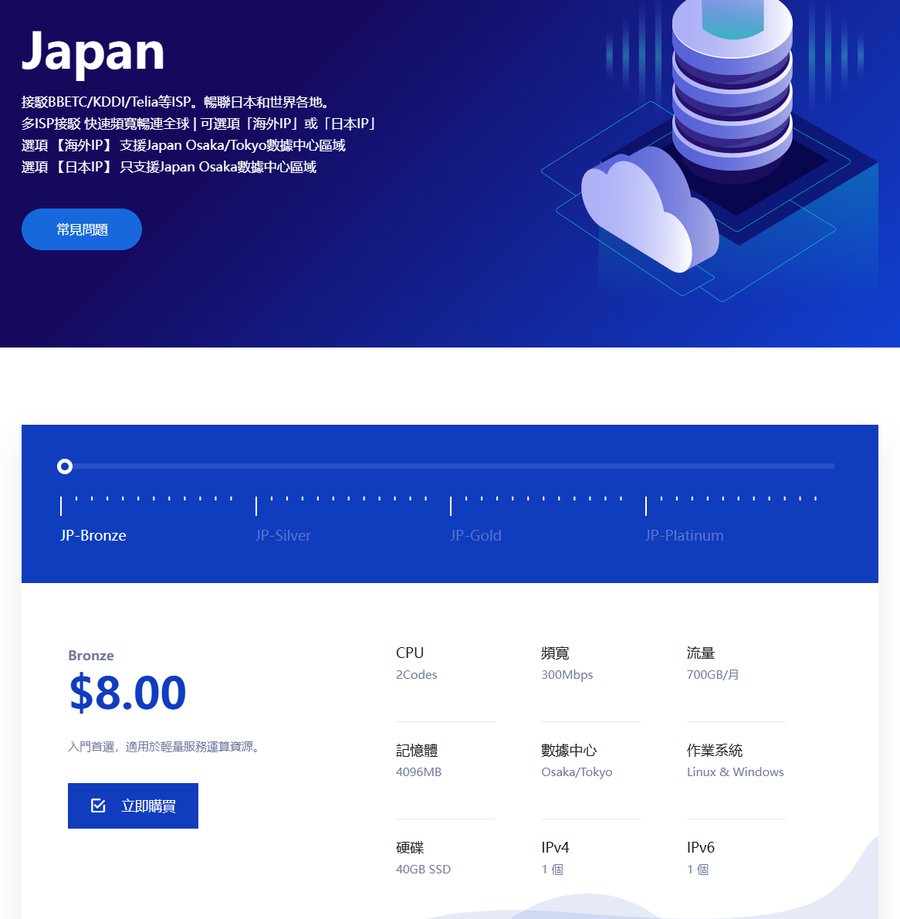 HostKVM日本VPS产品页:接驳BBTEC、KDDI、Telia等ISP,JP-Bronze 2核4GB 300Mbps 700GB每月8美元