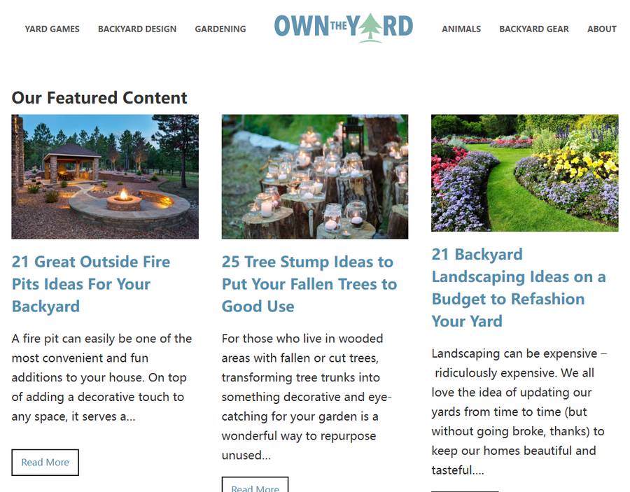 OwnTheYard 2021年6月的首页存档，导航分YARD GAMES、BACKYARD DESIGN、GARDENING、ANIMALS、BACKYARD GEAR、ABOUT，精选内容是火坑、树桩、景观三篇