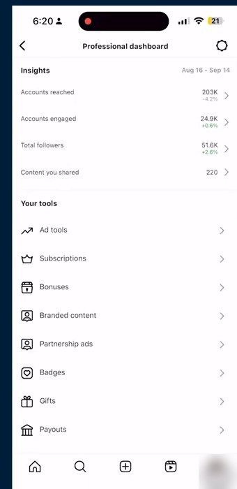 Instagram专业账号的Professional dashboard:Accounts reached 203K、Accounts engaged 24.9K、Total followers 51.6K