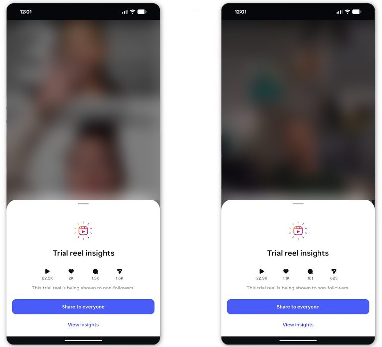 Instagram试播Reels的Trial reel insights:62.5K播放1.6K转发,22.9K播放625转发,下面是Share to everyone按钮