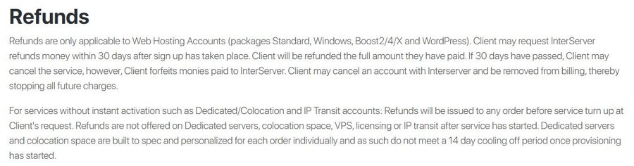 InterServer服务条款Refunds一段:退款只限虚拟主机Standard、Windows、Boost和WordPress,30天内全退,VPS开通后不退