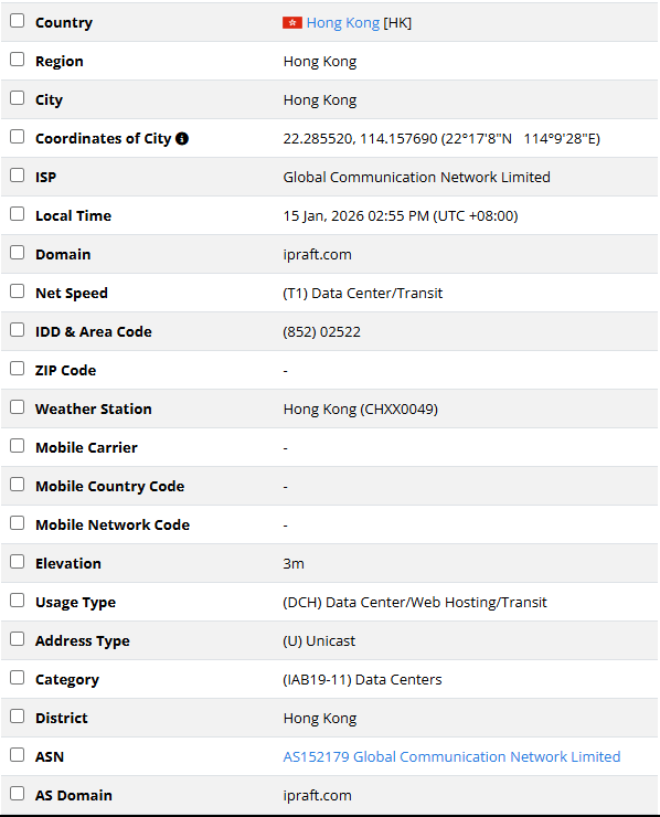 IPRaft香港非原生机器IP查询结果:Usage Type为Data Center/Web Hosting/Transit,Category为Data Centers,ASN为AS152179