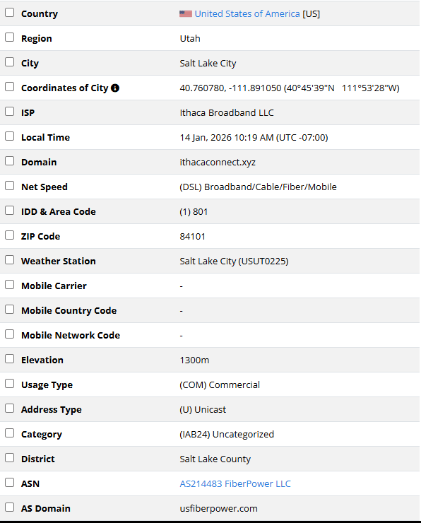 IPRaft盐湖城原生机器IP查询结果:Usage Type为Commercial,ISP为Ithaca Broadband LLC,ASN为AS214483 FiberPower LLC