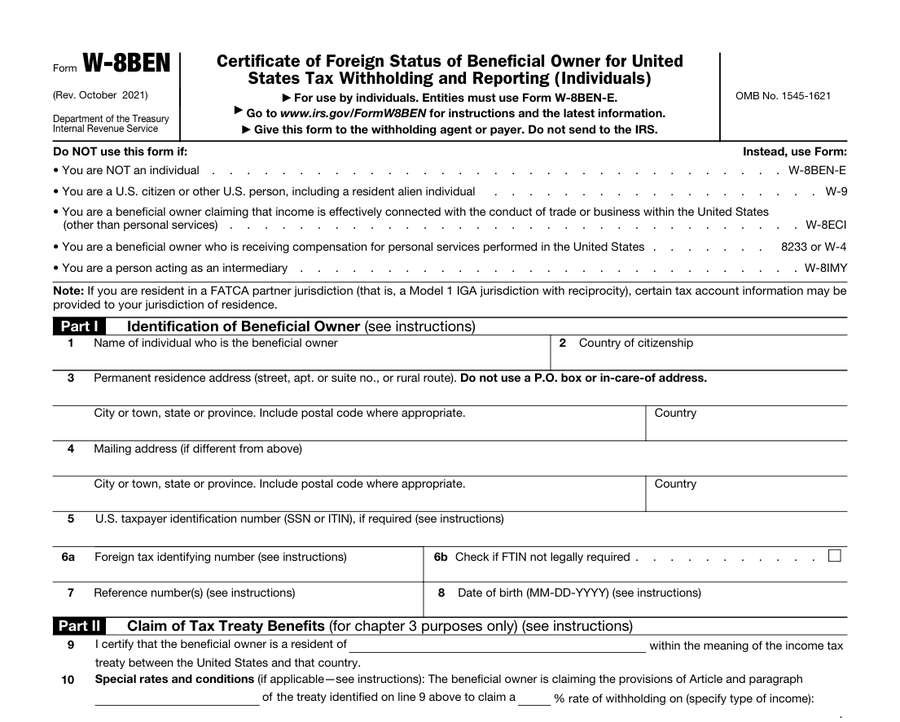 IRS W-8BEN表第一页，2021年10月版，顶部Do NOT use this form if列出改用W-8BEN-E、W-9、W-8ECI、8233或W-4、W-8IMY的情况，下面是第1到第10栏