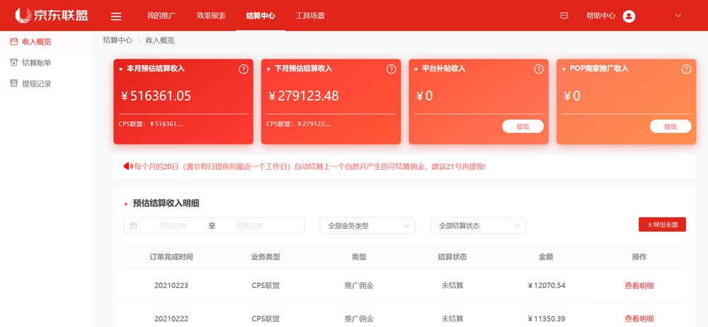 京东联盟帮助中心结算中心示例页：本月预估结算收入、下月预估结算收入四张卡片，红字提示每月20日结算上一个自然月佣金