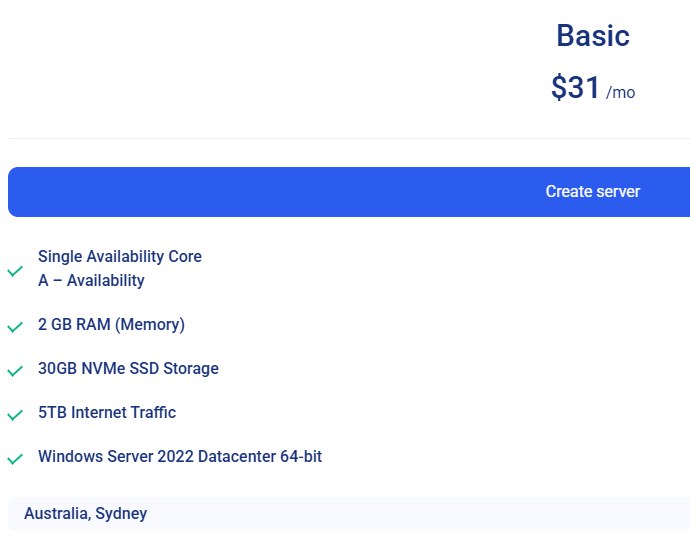 Kamatera Windows VPS页Basic套餐31美元/月:1个A型Availability核、2GB内存、30GB NVMe、5TB流量、Windows Server 2022 Datacenter 64位
