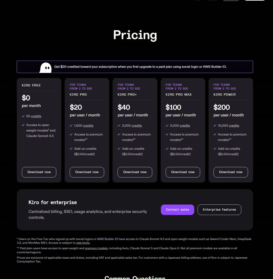 Kiro官网价格页:Free、Pro、Pro+、Pro Max、Power五档卡片和脚注