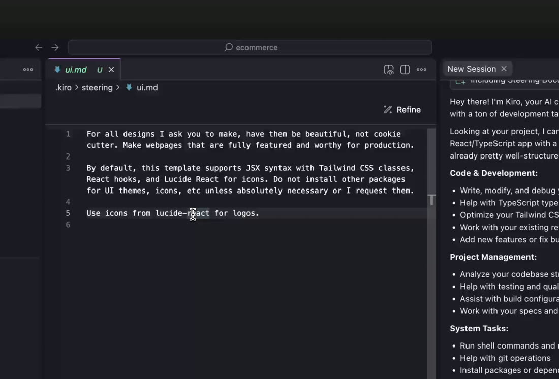 Kiro里.kiro/steering/ui.md的内容:一段设计要求和使用lucide-react图标的规矩