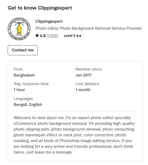 Fiverr抠图接单者的卖家资料:来自孟加拉,2017年1月入驻,Level 2,卖家总评4.8分1613条