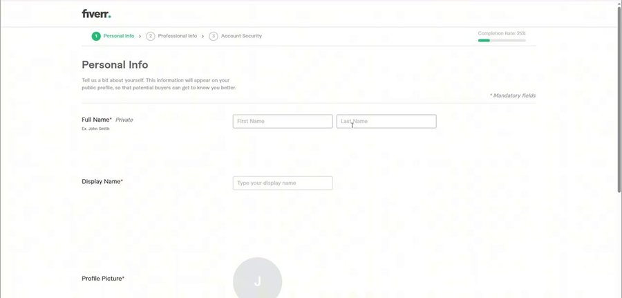 Fiverr卖家入驻第一步Personal Info:填Full Name、Display Name和头像
