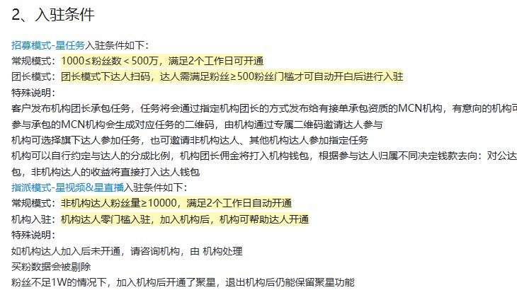 磁力聚星帮助中心入驻条件：星任务常规模式1000≤粉丝数＜500万，团长模式粉丝≥500，星视频星直播非机构达人粉丝量≥10000，机构达人零门槛，买粉数据会被剔除