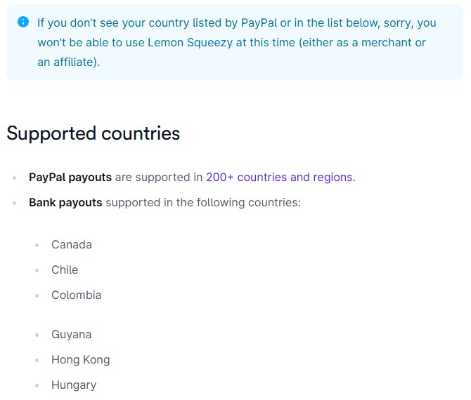 Lemon Squeezy支持国家说明：PayPal打款覆盖200多个国家和地区，银行打款名单里Chile后面是Colombia、有Hong Kong，名单都不在就用不了