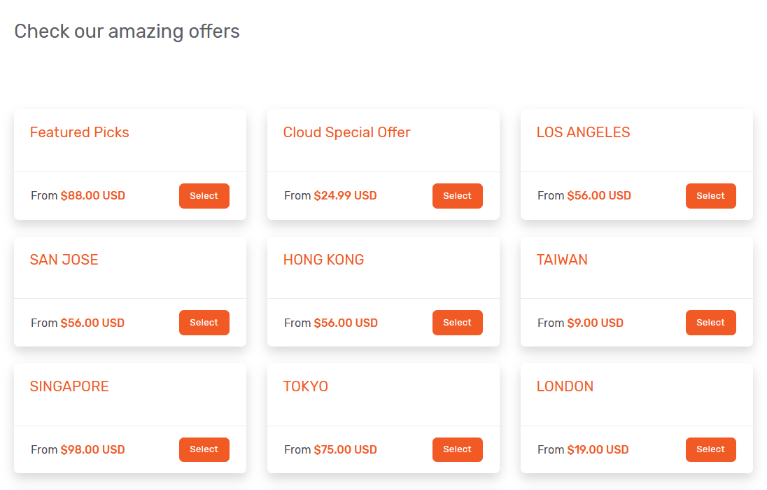 LightLayer客户中心产品页分类和起价:HONG KONG起价56美元,Cloud Special Offer起价24.99美元