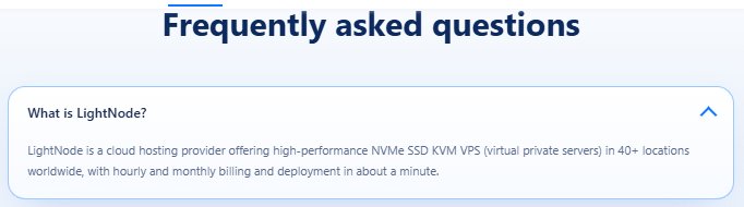 LightNode官网首页常见问题：40多个机房的NVMe KVM VPS，可以按小时或按月计费，约1分钟开通
