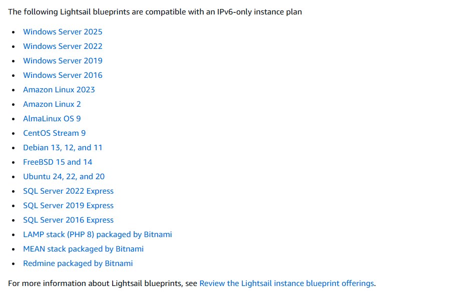 AWS Lightsail IPv6-only兼容镜像列表:Windows Server、Amazon Linux、Debian、Ubuntu、Bitnami LAMP等,没有WordPress