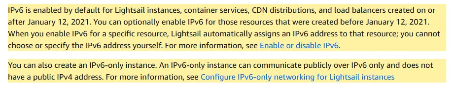 AWS Lightsail文档:2021年1月12日之后创建的实例默认开启IPv6,也可以创建只有IPv6、没有公网IPv4的实例