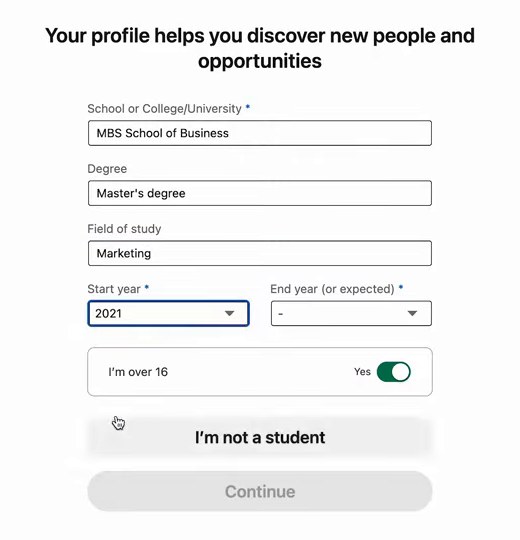 领英注册向导页:学校、学位、专业和「I'm over 16」开关