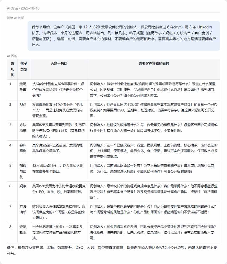 AI排的一个月8条LinkedIn帖子选题表:第几条、帖子类型、选题一句话、需要客户补充的素材