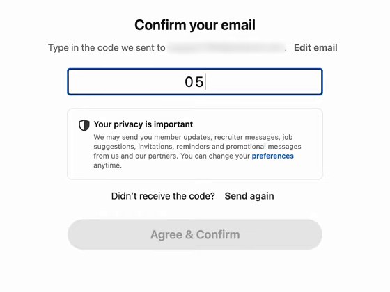 领英Confirm your email页面:输入邮箱收到的验证码,下面有Send again