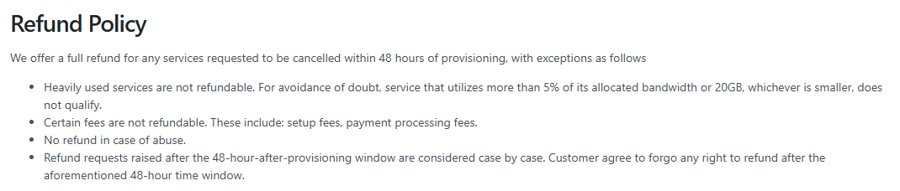 丽萨主机服务条款Refund Policy英文原文,48小时内全额退款和四条例外
