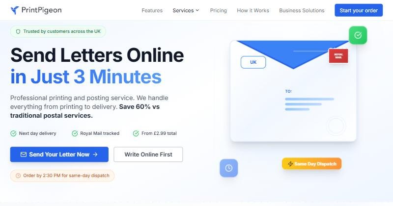 PrintPigeon官网首页:Send Letters Online in Just 3 Minutes,From 2.99英镑
