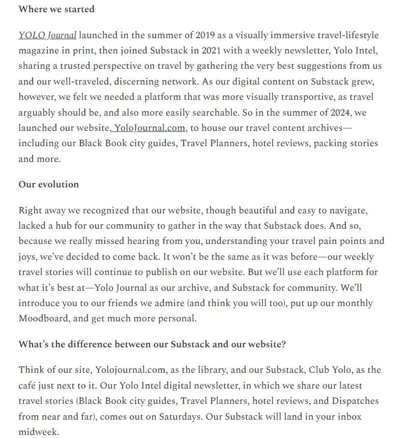 YOLO Journal介绍页：2019年纸刊、2021年上Substack、2024年夏天自建网站，网站是图书馆、Substack是咖啡馆