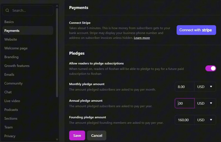 Substack后台Settings里的Payments页：Connect with Stripe按钮和月付、年付、创始会员的承诺金额