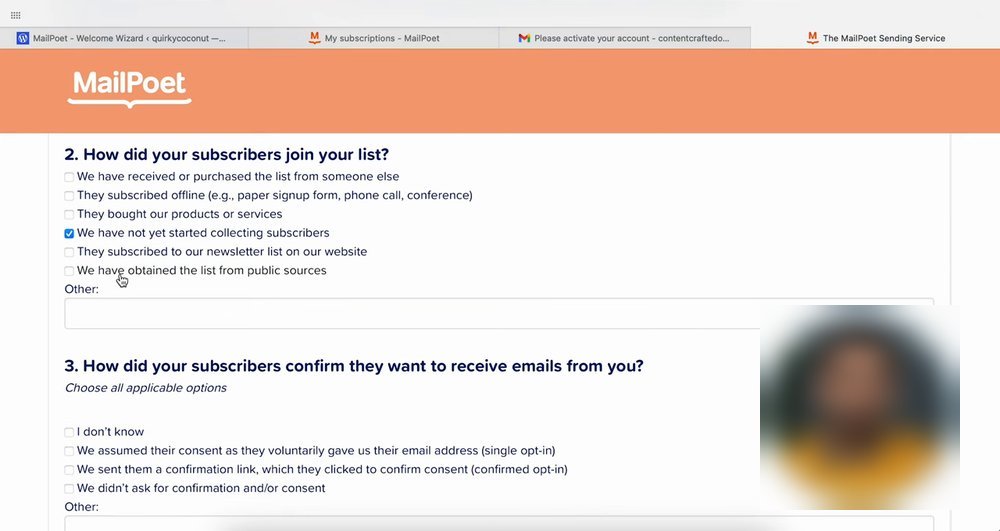 MailPoet开通时的问卷,订阅者怎么加入名单、怎么确认,含single opt-in和confirmed opt-in选项