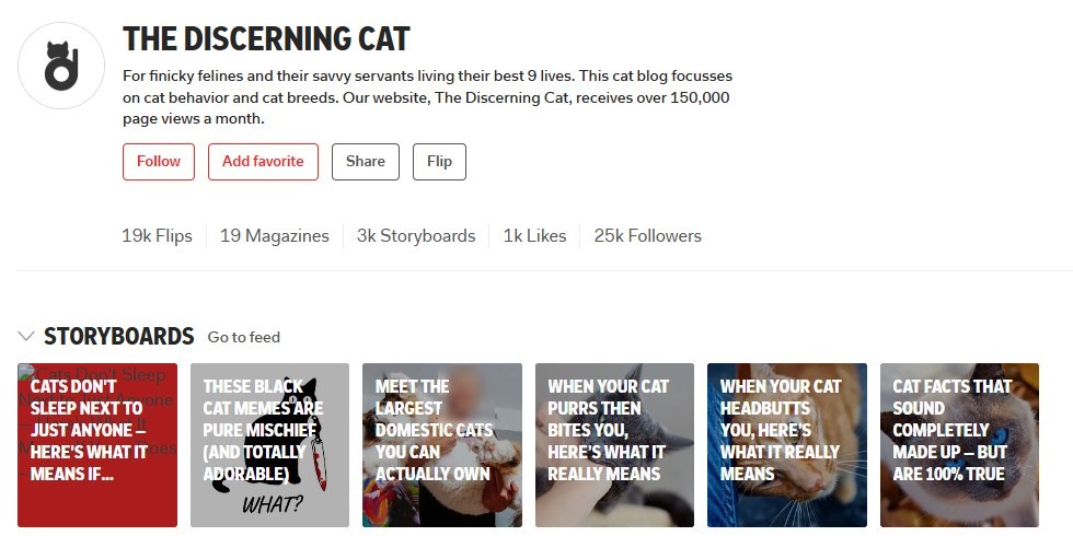 Flipboard上的The Discerning Cat账号：2.5万关注、1.9万次flip、3千个Storyboard，简介写着网站每月15万浏览